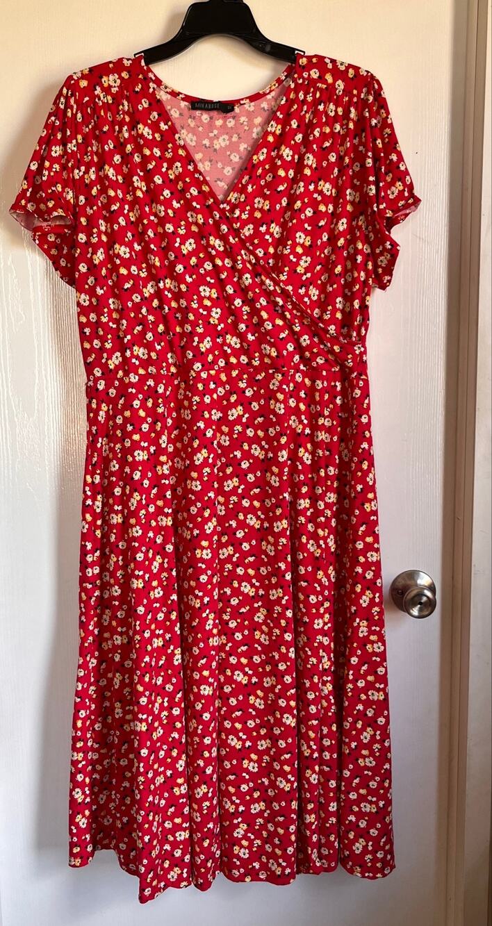 Mikarose Red Floral Faux Wrap Midi Dress Short Sleeve Cottagecore Modest 1X